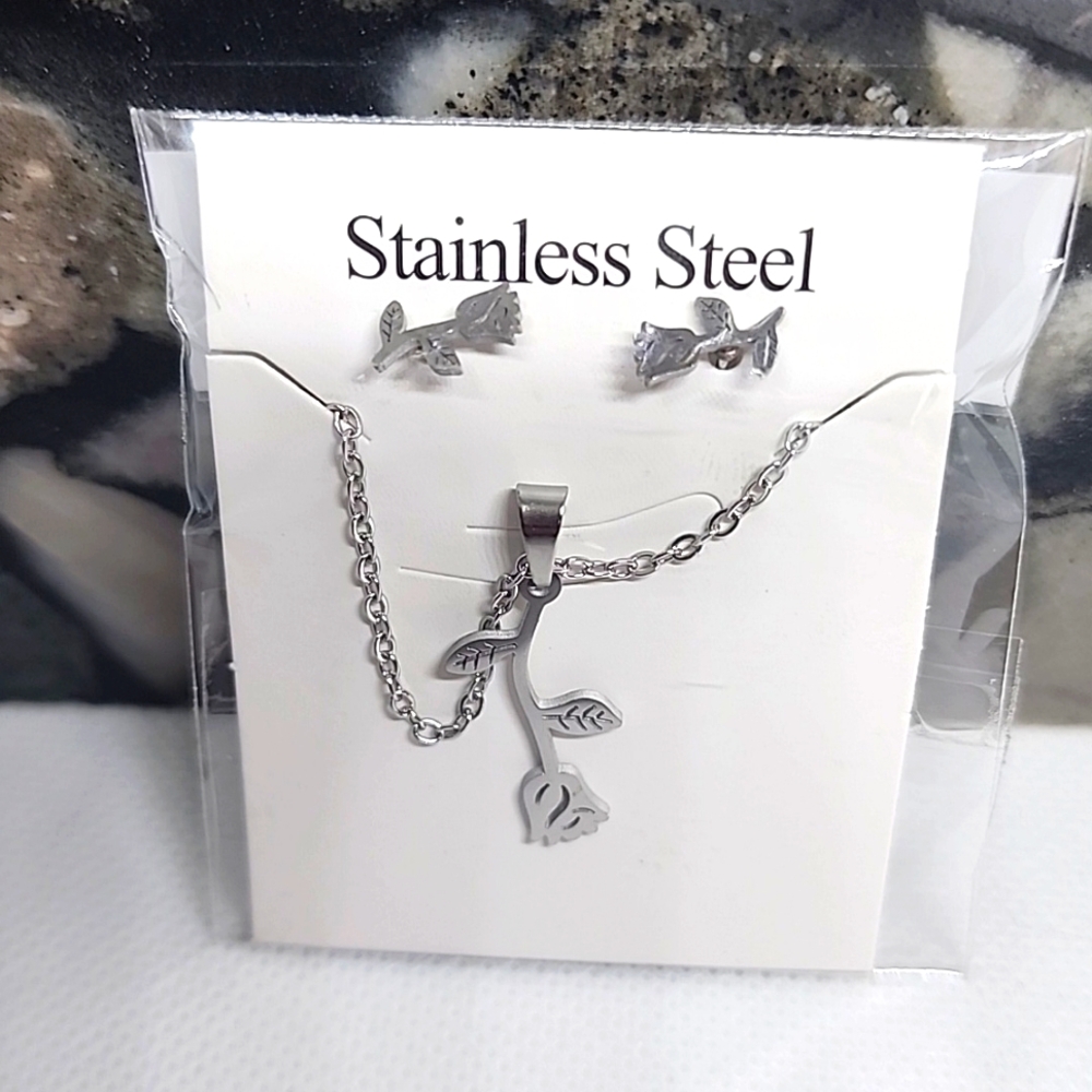 Stainless Steel ROSE 🌹 Necklace / Earrings Set